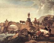 尼古拉 波桑 : Italian Landscape With Bridge